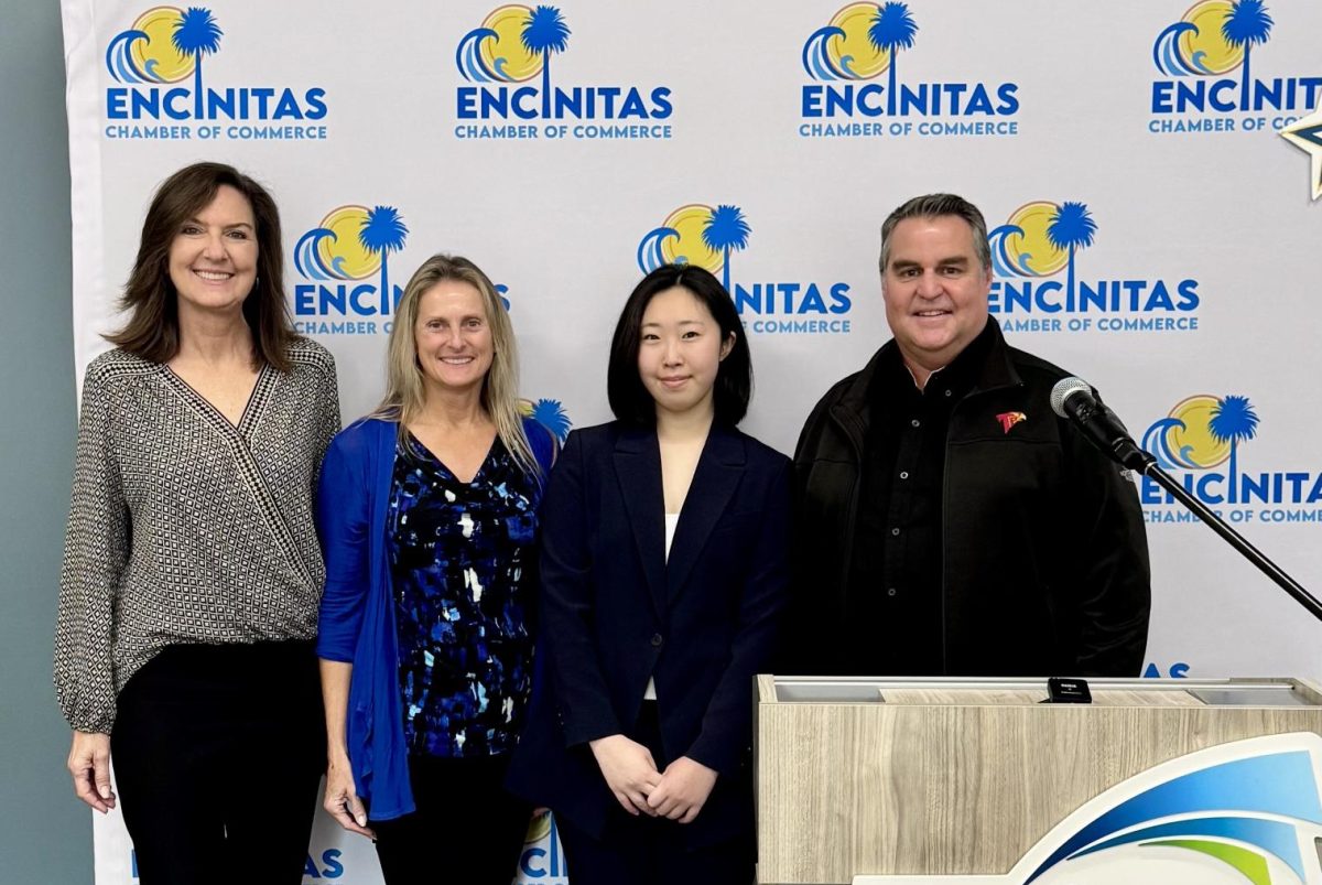 Left to right: Administrative Assistant Nancy Cieply, biology teacher Julianna Newell, Jenny Ryu (12) and Principal Rob Coppo. As December's Rising Star of the Month, Ryu attends the Encinitas Chamber of Commerce's monthly breakfast. The chamber used the award to recognize "exceptional seniors from our five local public high schools." Photo courtesy of Jenny Ryu.