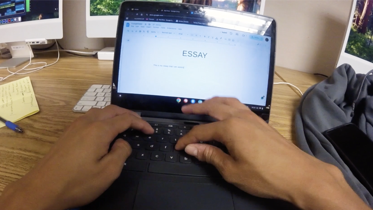 A student types on his computer during class time. The PSA covered campus safety. Photo courtesy of Sebastian Iniguez.