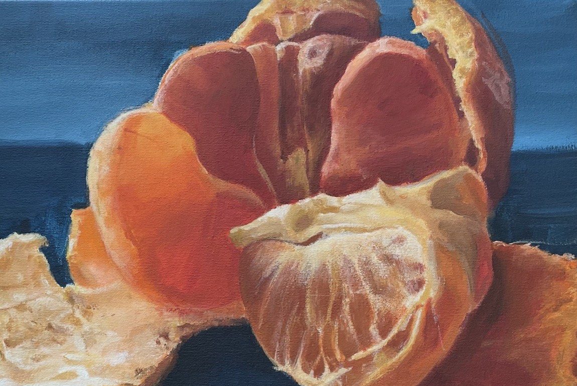 This is one of Emma Bauer's (10) art pieces titled "Orange." Bauer used acrylics, painting the subject over a blue background. Photo courtesy of Emma Bauer.