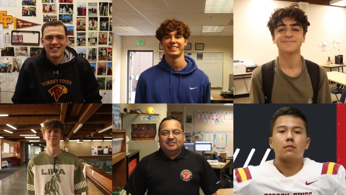 (Left to right) (top) Jacob Gilliam (English teacher), Kyle Busby (12), Vaughn Janoyan (9)(bottom) Sam Boyles (11), Junior Villegas (Spanish teacher) and Nathan Claywell (10) smile. In the school community, students and teachers shared their opinions on college football championships. 