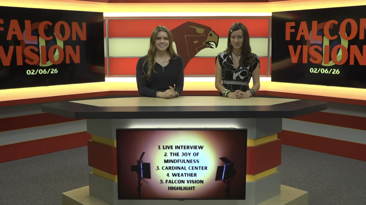 Katerina Wietfeldt (12) and Catalina Baraya (12) anchor the show. This show aired on Feb. 6. Photo courtesy of Kyle Busby. 