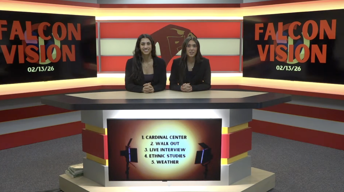 Karina Shukla (12) and Jamie Crowley (12) host the show. The Falcon Vision show aired during third period. Photo courtesy of Portia Perry. 