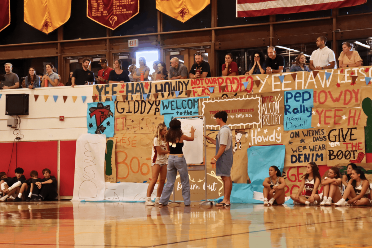 Posters made by students deck the wall of the gym. Many students and staff observed increased school spirit this year, noticably during pep rallies.
