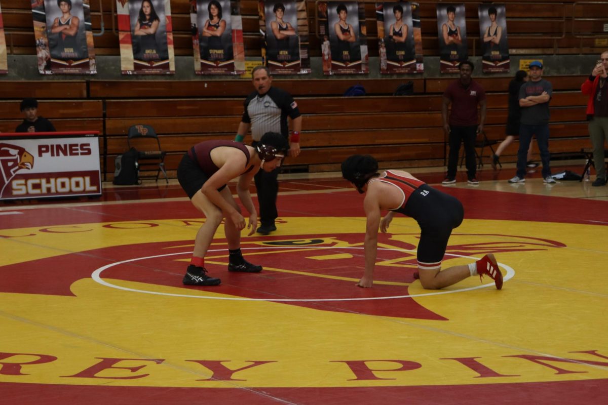 Varsity wrestler Elijah Ra (10) faces off against his opponent. Ra won by a tech and helped his team win the duel.