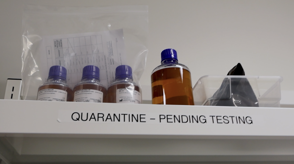 Testing bottles sit on a shelf at Fate Therapeutics. Fate Therapeutics was founded in 2007. Photo courtesy of Ceili McNichols.
