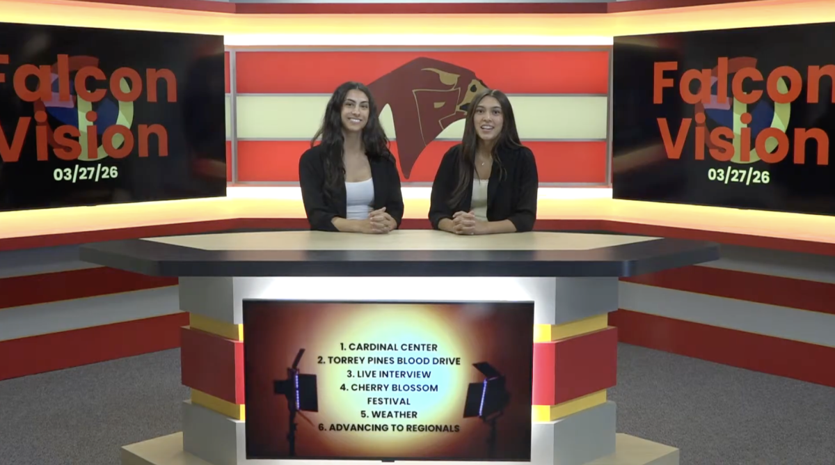 Karina Shukla and Jamie Crowley anchor the Falcon Vision show. The show aired during third period. Photo courtesy of Portia Perry. 