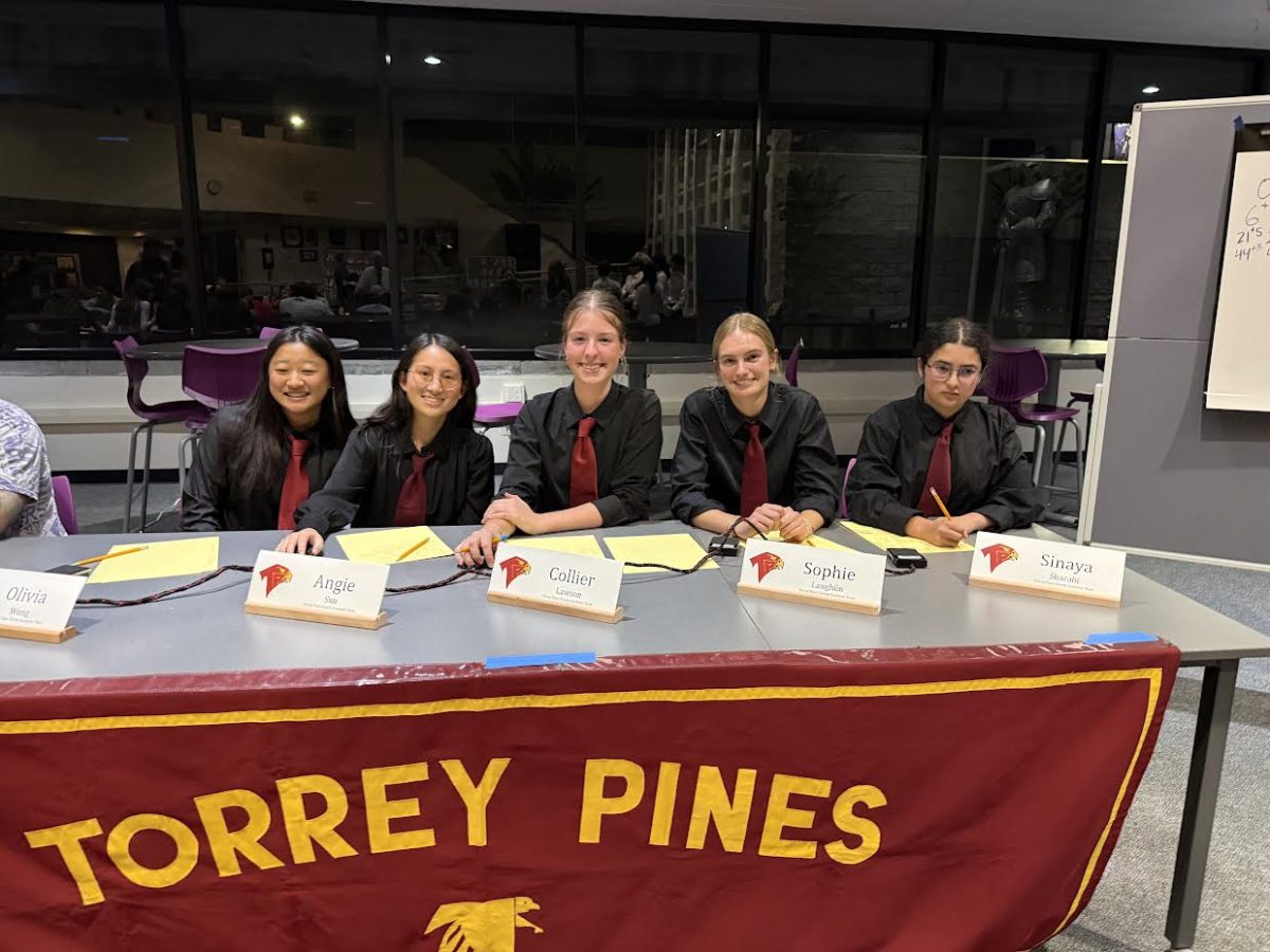 Left to right: Olivia Wong (12), Angie Sun (11), Collier Lawson(12), Sophie Laughlin(12) and Sinaya Sharabi(12) sit at a table during their match against Carlsbad. The varsity team won 61-35. Photo courtesy of Torrey Pines Academic Team.