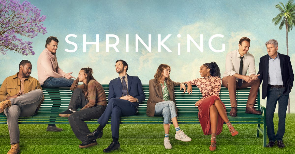 (Left to right) Sean (Luke Tennie), Derek (Ted McGinley), Alice Laird (Lukita Maxwell), Brian (Michael Urie), Liz (Christa Miller), Gaby (Jessica Williams), Jimmy Laird (Jason Segel) and Paul Rhoades (Harrison Ford). Set in Pasadena, Calif., Shrinking examines the complexities in addressing mental health and loss. Photo courtesy of Warner Bros. Entertainment. Photo courtesy of Apple TV. 