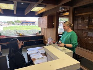 Left to right: Tamara Rey and Kelly Gilbert. Rey and Gilbert talk about the view of the Ed Burke Field. Gilbert has previously been on campus and plans on coming more as the year ends to get more familiarized.