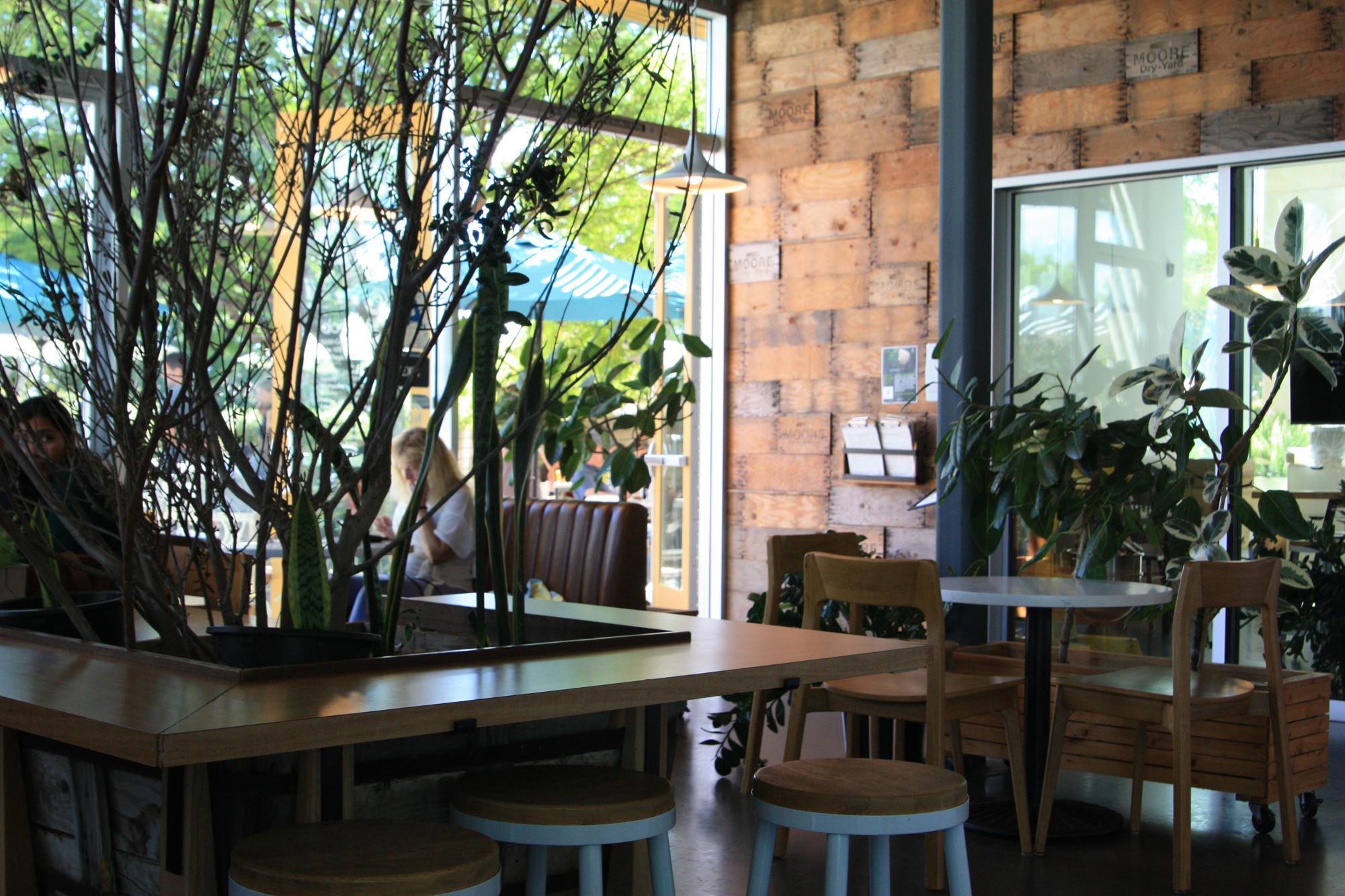 Inside, the cafe looks like most other coffee shops with sofas, tables and leafy plants. The planks on the wall beside the cashier were from salvaged fruit boxes.