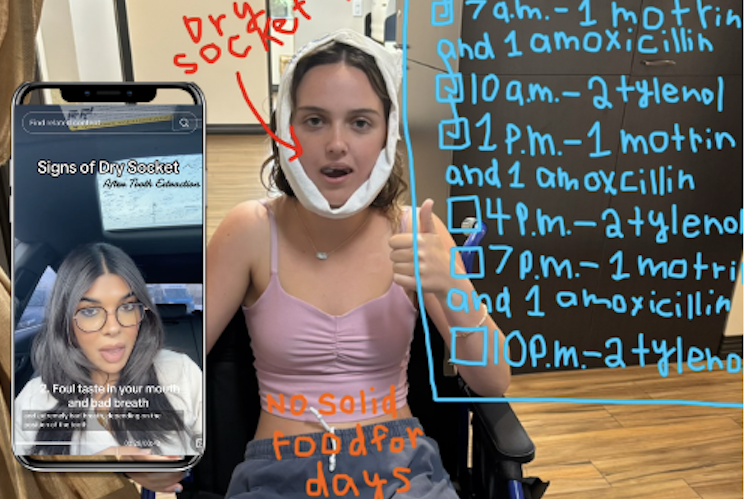 Talia Rosenthal (10) gives her mom a thumbs up minutes after her wisdom teeth surgery concluded. Rosenthal had a rough week of recovery and grew to question just how "routine" a procedure wisdom teeth surgery is. 