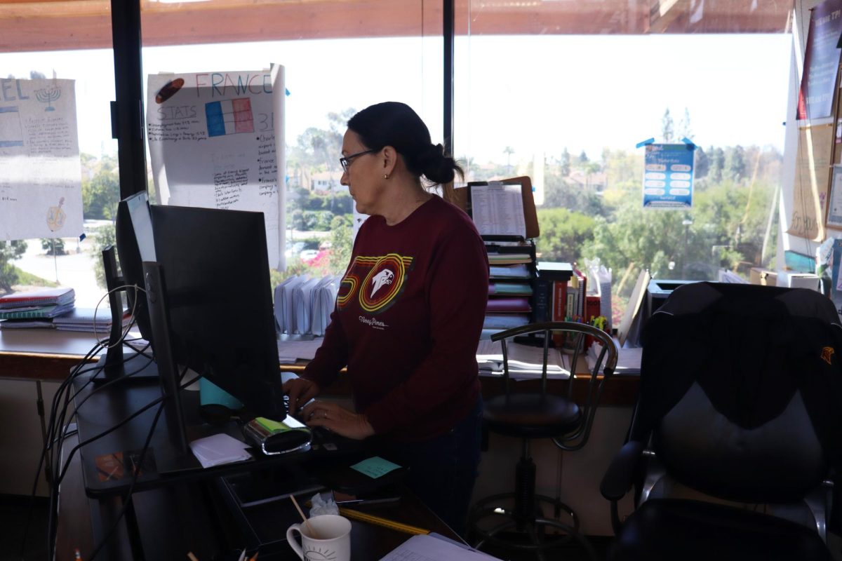 Catherine Mintz, AP Government and Politics, Film and Society and AP Psychology teacher works at her desk. She was named SDUHSD Teacher of the Year.